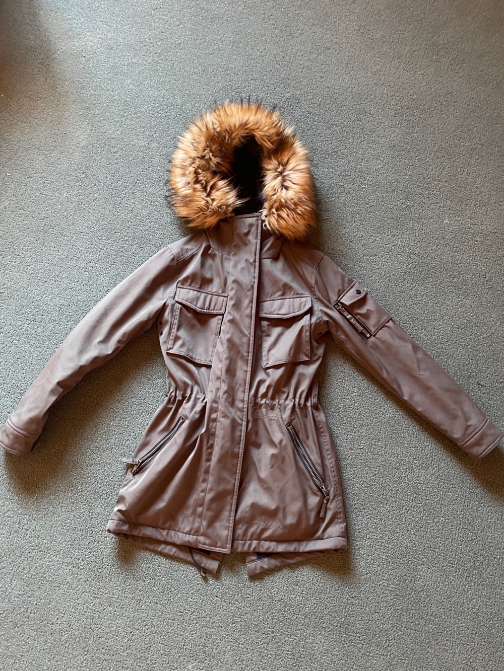 Women's Taupe Parka with Faux Fur Hood